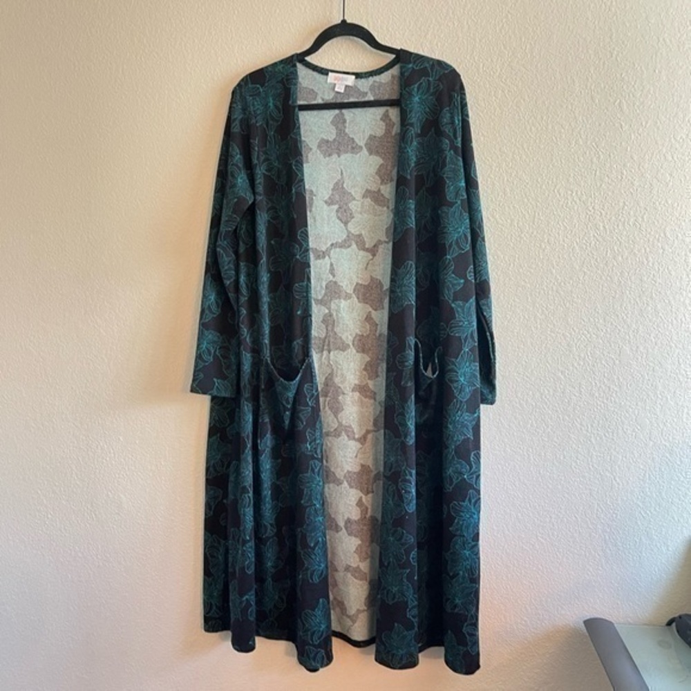 LuLaRoe Longline Sarah Cardigan Open Black Green Floral Women's Size Large - Picture 1 of 10